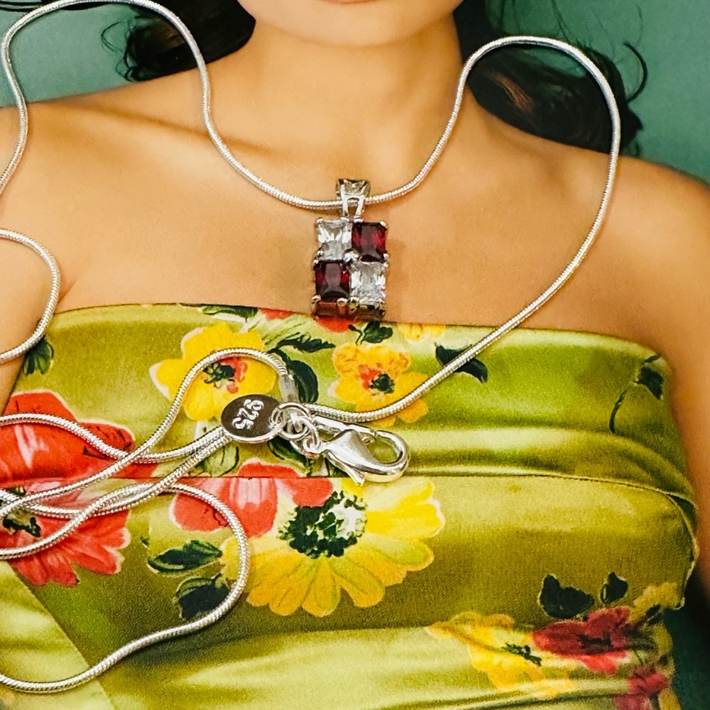 Ruby & Crystal Accent Lab Grown Square Necklace with Pendant